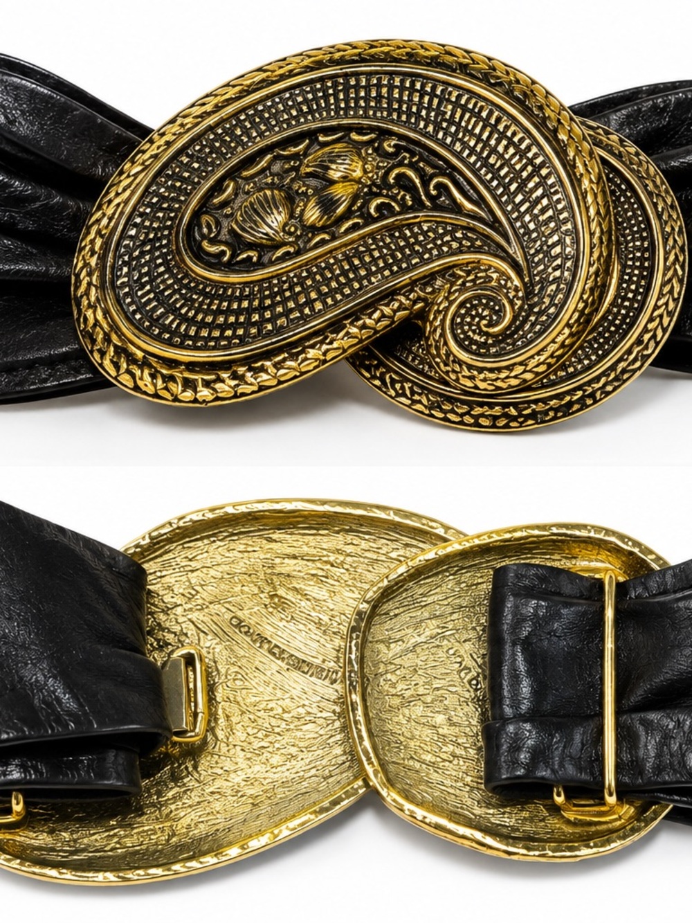 Vintage Leather Shop Black Leather Belt Oversized Gold Paisley Buckle 1980’s